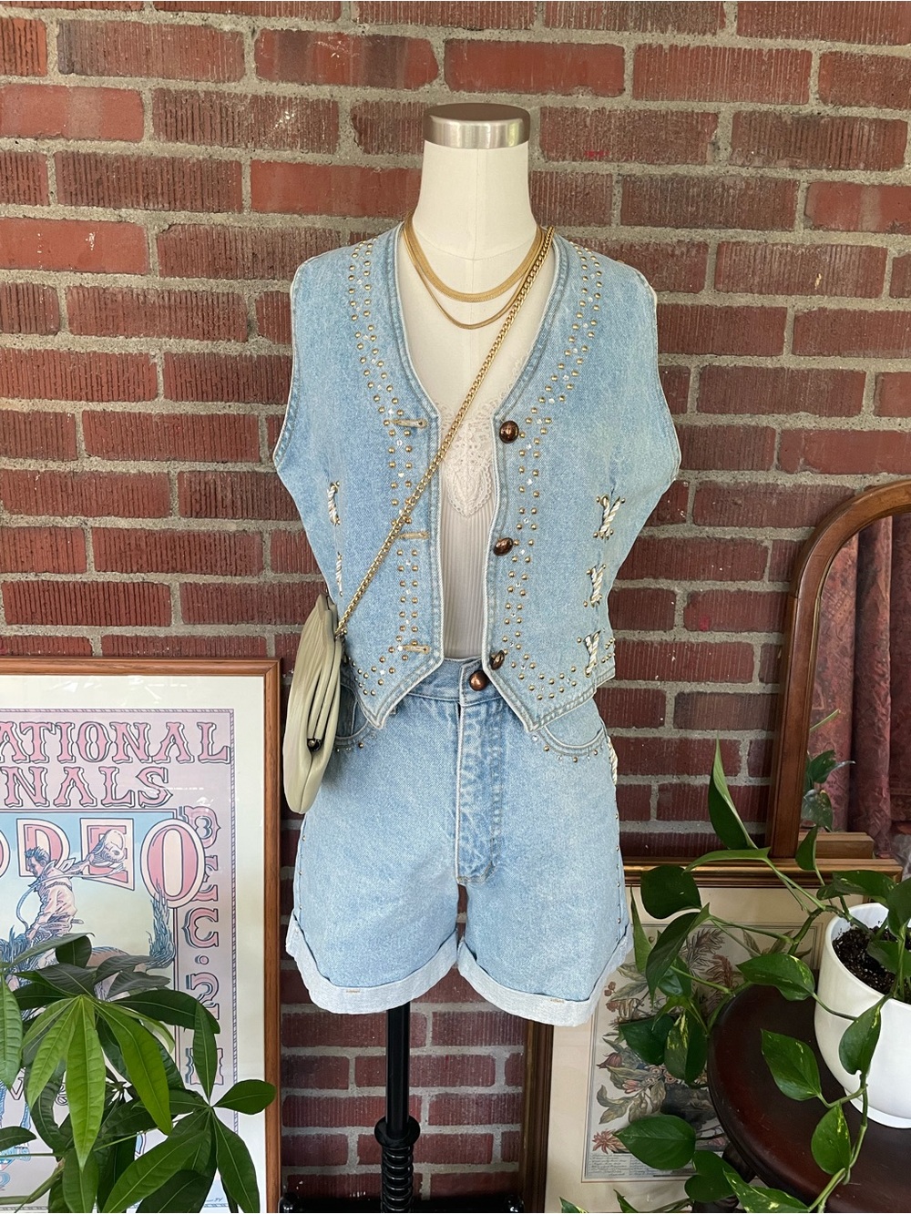 Vintage Cache Light Blue Studded Denim Vest & Shorts Set